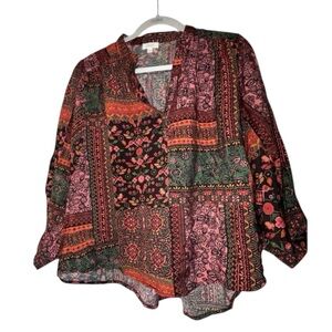 ODDY black red green orange pink Patchwork V-Neck Blouse, euc worn once. SMALL!